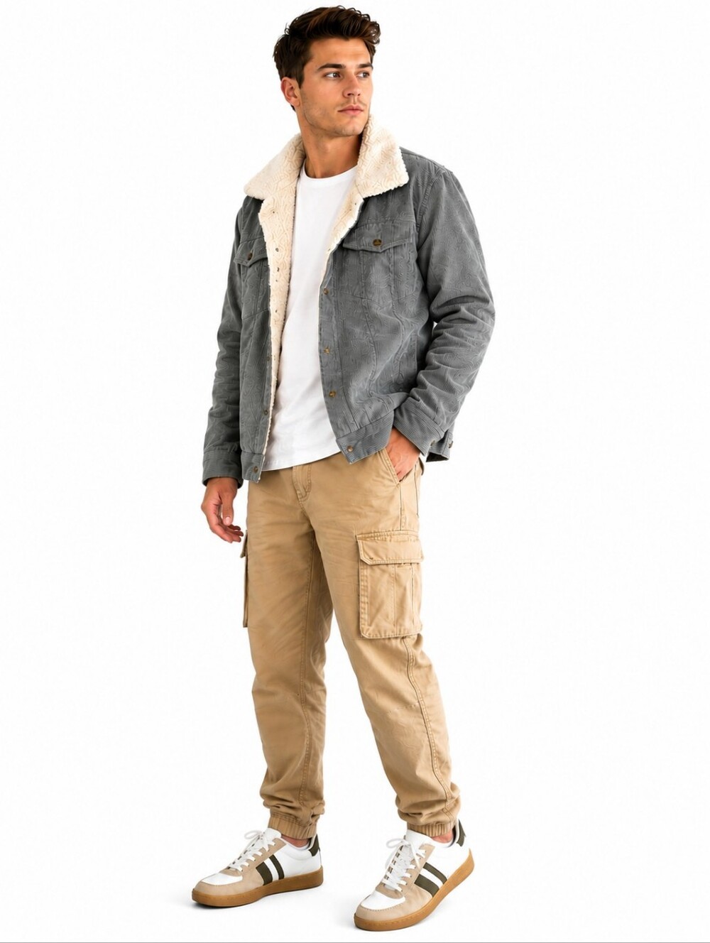 Original Deluxe Men's Ribbed Gray Sherpa-Lined Jacket SIZE Medium NWOT